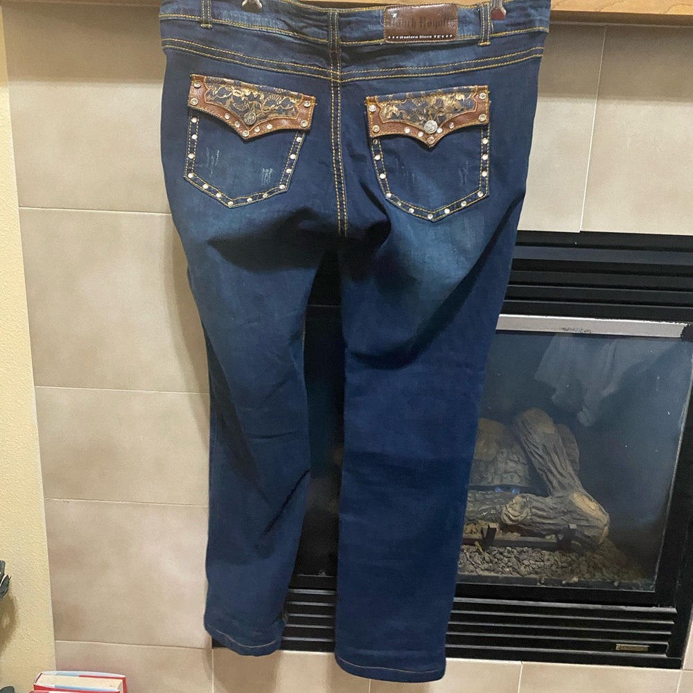 Ranch Royalty size 15 (34) Women's Boot Cut Jeans -Blue with Rhinestone and Lace